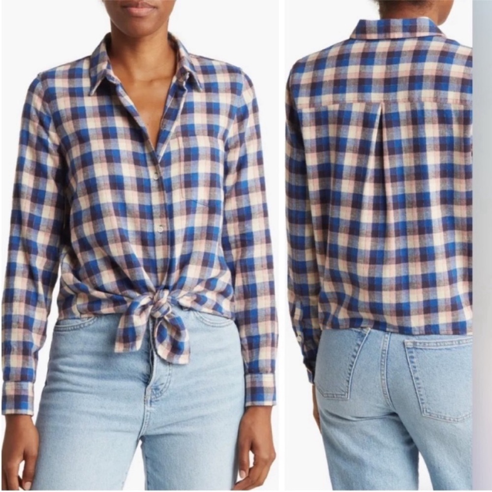 Madewell Classic Cozy Cotton Flannel Plaid Tie Front Shirt, Size L, NWT